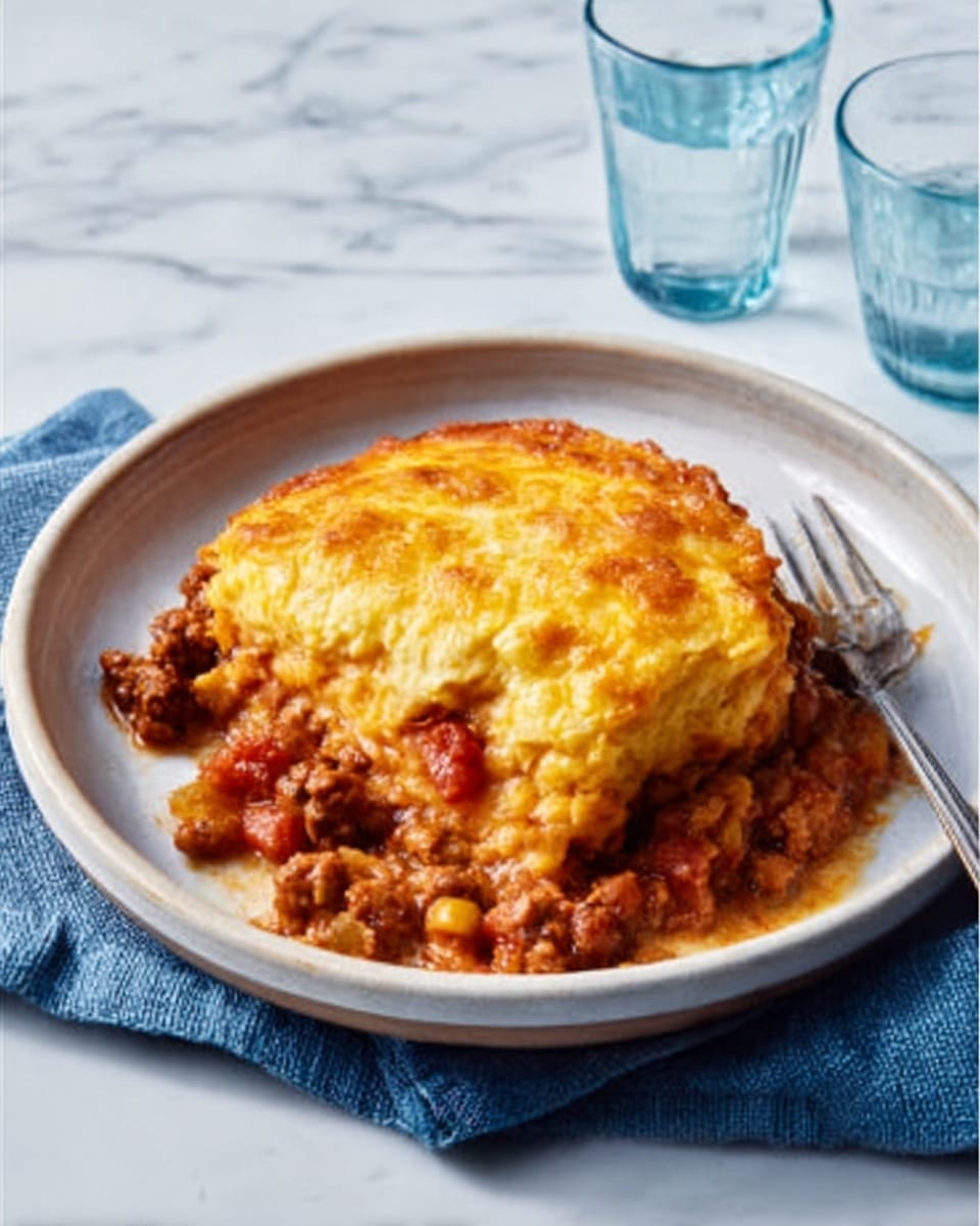 A white shallow bowl holds a serving of baked casserole with a golden brown cheese layer on top that looks bubbly and slightly crispy at the edges. Under the cheese, there is a thick layer of chunky tomato and meat sauce with visible small pieces of meat and tomato in rich red and brown colors. A silver fork rests beside the food inside the bowl on a white marbled surface, next to a blue cloth napkin and two clear glass cups filled with water. Photo taken with an iphone --ar 4:5 --v 7
