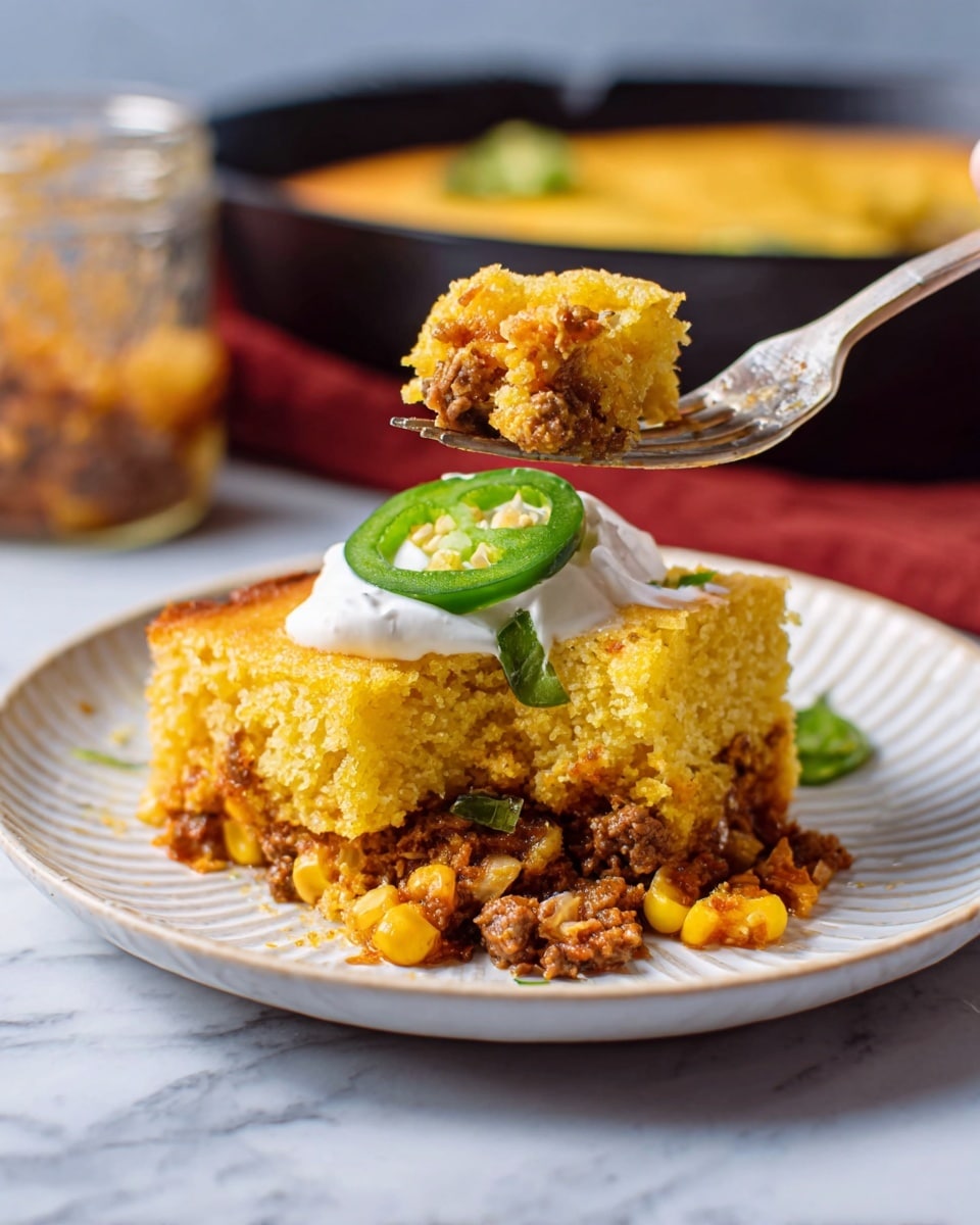 A white plate holds a layered serving of cornbread casserole. The bottom layer is a mix of ground meat and corn, showing a reddish and yellow color with a crumbly texture. On top is a thick, golden-yellow cornbread layer with a slightly rough surface. The dish is topped with a dollop of white cream and two slices of green jalapeno pepper. A woman's hand with a fork is lifting a portion from the plate. The plate sits on a white marbled surface with a blurred black skillet full of more casserole and a jar in the background. Photo taken with an iphone --ar 4:5 --v 7