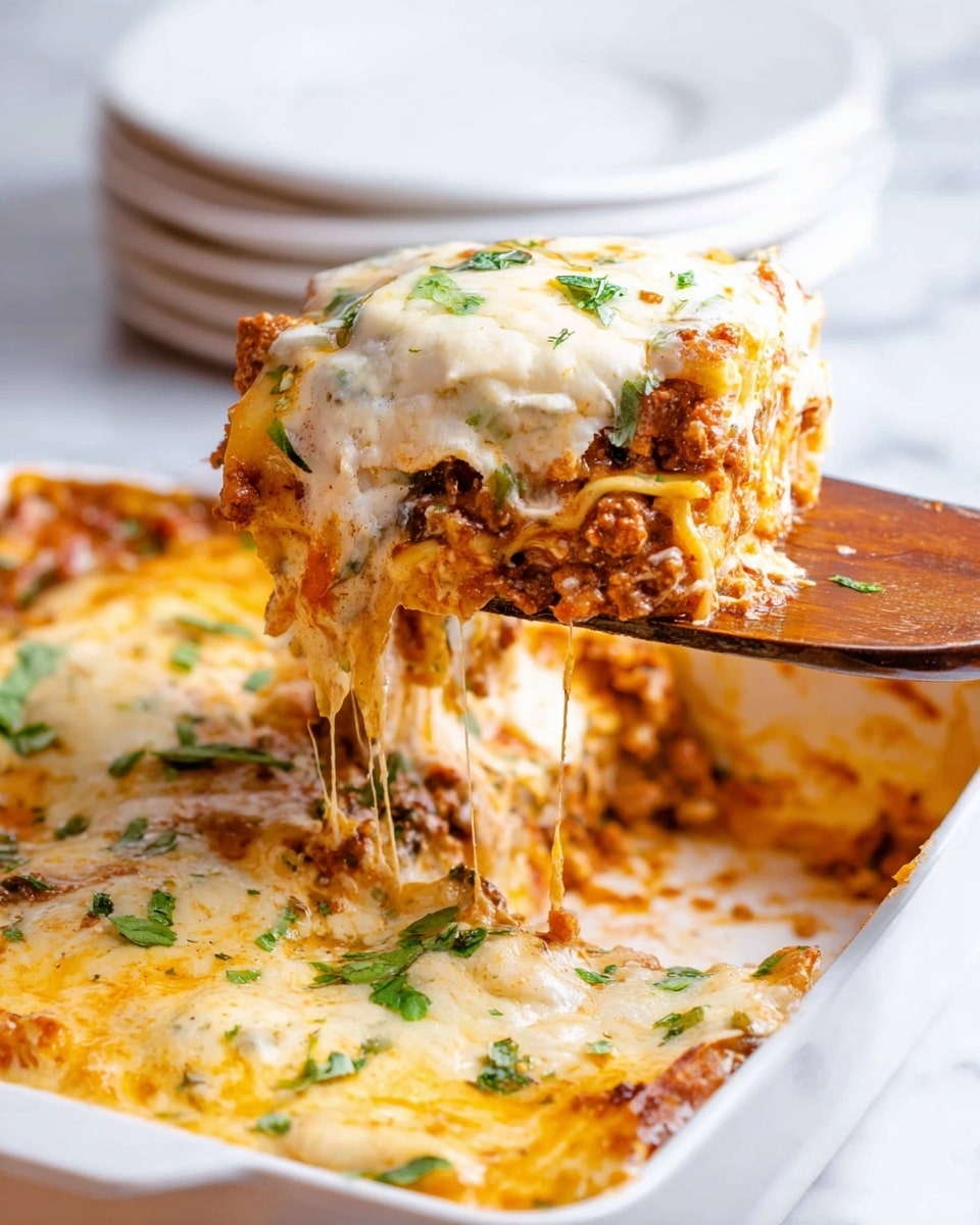 The image shows a white rectangular dish filled with a layered baked meal that is golden brown on top with melted cheese and slightly crispy edges. The top layer has a mix of light golden and darker brown cheese melted evenly, with some spots crispier than others. One corner of the dish is missing, revealing the inner layers that include a sauce layer with a reddish tint and a pale, soft inner layer underneath. The dish is set on a white marbled surface with a beige cloth partially visible on one side. photo taken with an iphone --ar 4:5 --v 7