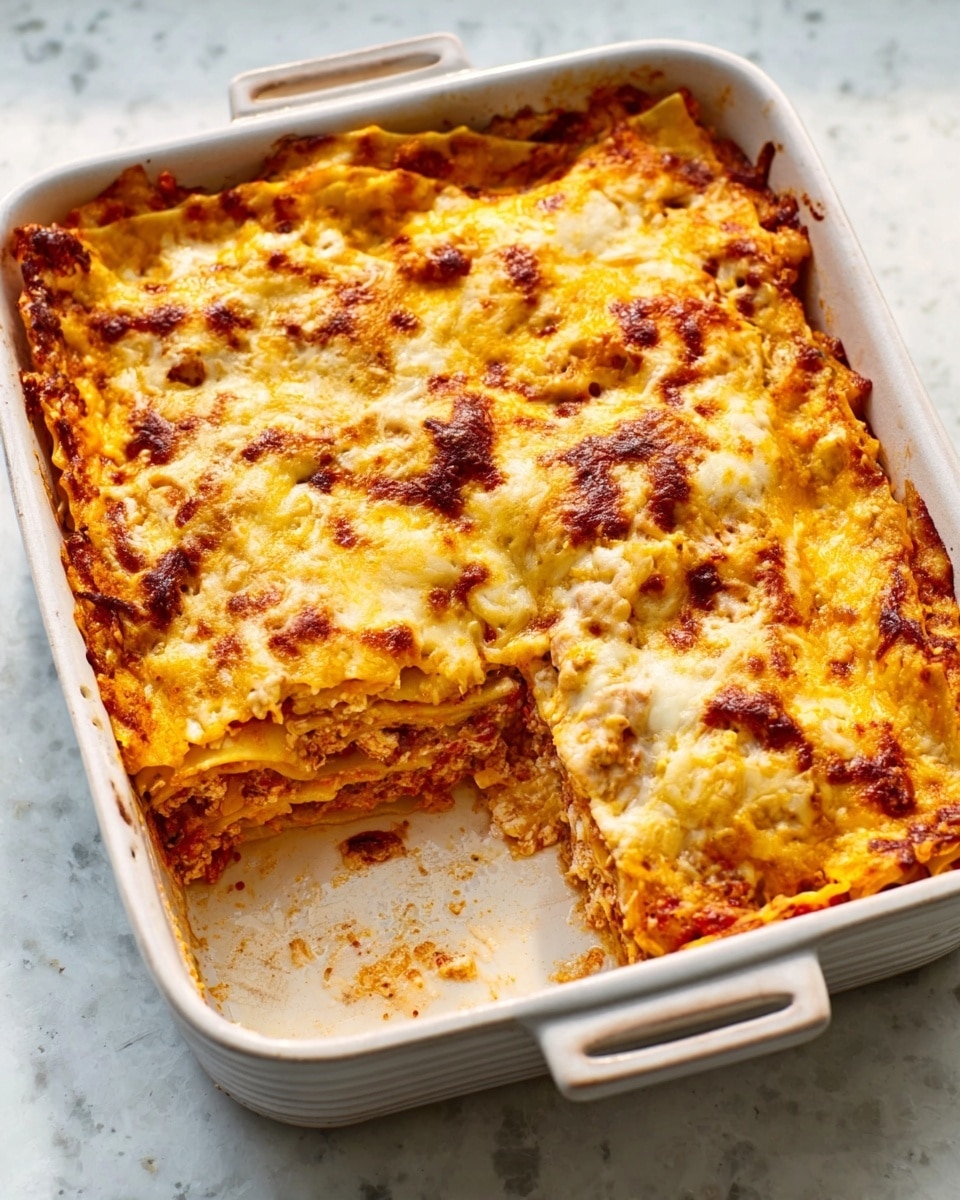 A white dish holds a multi-layered lasagna with four clear layers: the bottom layer is a white pasta sheet, followed by a thick layer of red-brown meat sauce mixed with herbs and tiny green leaves; above this is a creamy white cheese layer, and the top layer is a golden melted cheese with green herb bits sprinkled on top. The lasagna piece is raised on a wooden spatula, showing melted cheese strings stretching back to the dish. The background is a white marbled surface with some stacked white plates blurred in the back. photo taken with an iphone --ar 4:5 --v 7