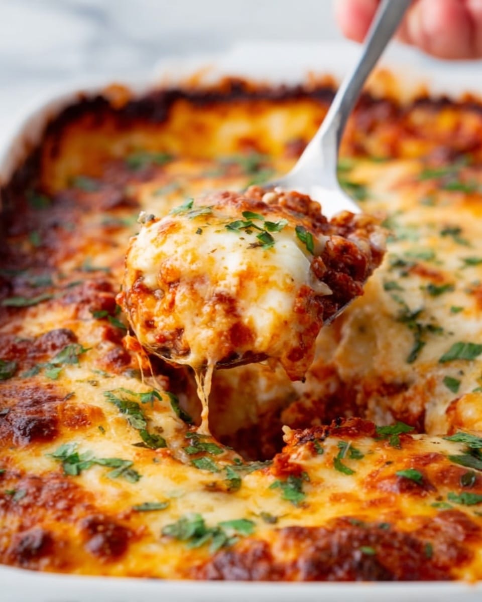 A close-up of a baked cheesy dish in a white dish, showing thick layers of melted golden brown cheese on top with bright green chopped herbs scattered over it. A silver spoon held by a woman's hand is lifting a gooey portion, revealing a soft, creamy inside mixed with reddish sauce and bits of ingredients. The edges of the dish have some crispy browned spots, and the background is a white marbled surface. The photo taken with an iphone --ar 4:5 --v 7