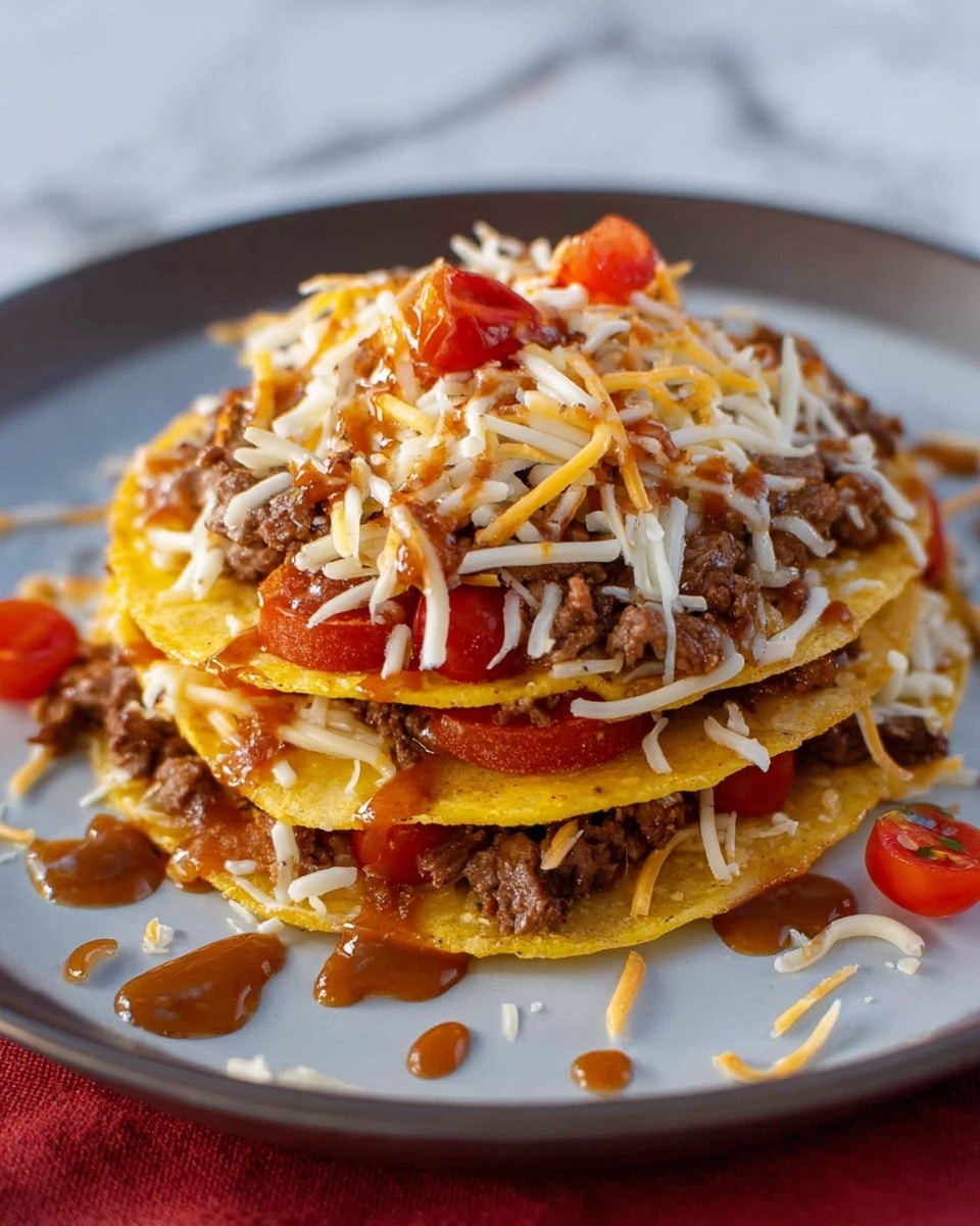 The dish shows three stacked red tortillas covered with a rich red sauce. Between the first and second layers, there is a filling of black beans and yellow corn visible around the edges. The top tortilla is also covered with sauce and sprinkled with small white cheese crumbles. On top of the stack, there are thinly sliced radishes with white centers and red edges, along with fresh green cilantro leaves. The stack is placed on a white plate with a white marbled surface background. photo taken with an iphone --ar 4:5 --v 7