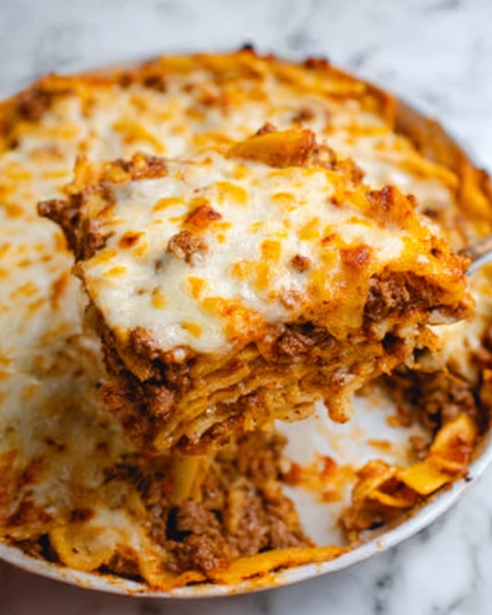 The image shows a close-up of a layered baked dish in a white round dish on a white marbled surface. The top layer is melted cheese with a mix of white and light orange colors, slightly browned in some spots. Beneath the cheese, there are layers of cooked ground meat mixed with sauce, visible with a rich reddish-brown tone, and some cooked pasta or fries with a golden color. The inside layers are thick and filled, and a woman's hand is holding the dish on the right side. The overall look is warm and appetizing, with a mix of creamy and hearty textures. Photo taken with an iphone --ar 4:5 --v 7