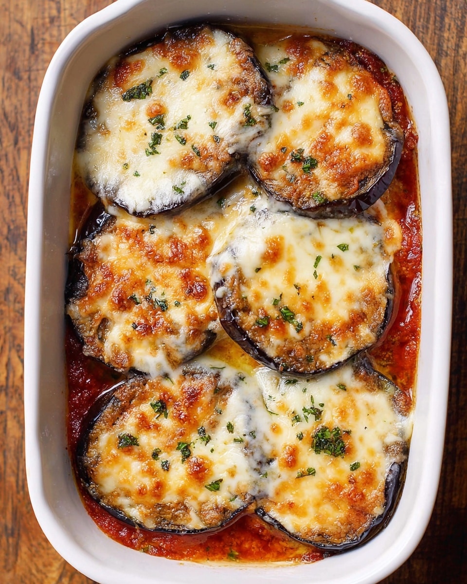 This dish shows a white baking dish with four stacked layers of food. The bottom layer is a rich red tomato sauce, covering the base. On top, there are thick, round slices of cooked eggplant with a dark purple skin and soft inside. Each eggplant slice is covered with melted cheese that is golden brown in some spots and white in others, bubbling slightly at the edges. Small green herb pieces are sprinkled evenly on top of the cheese, adding a fresh color contrast. The baking dish rests on a wooden surface. photo taken with an iphone --ar 4:5 --v 7