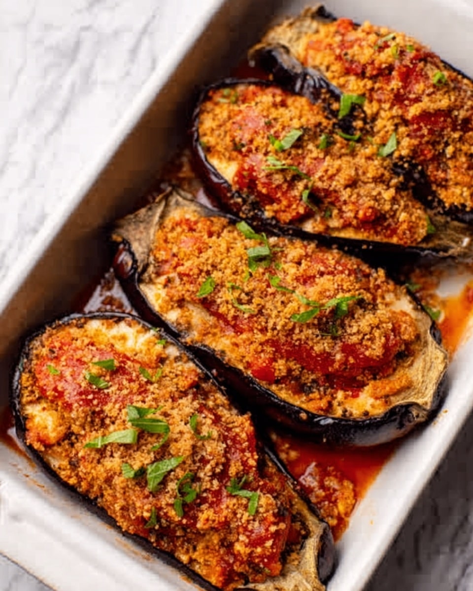 The image shows four stuffed eggplant halves arranged inside a white baking dish on a white marbled surface. Each eggplant half has a dark purple outer skin with a nice roasted texture, topped with a thick layer of golden brown breadcrumb topping mixed with a vibrant red tomato sauce. Small green herb leaves are scattered over the topping, adding a fresh touch of color. The bright colors and textures contrast well, making the dish look warm and inviting. photo taken with an iphone --ar 4:5 --v 7