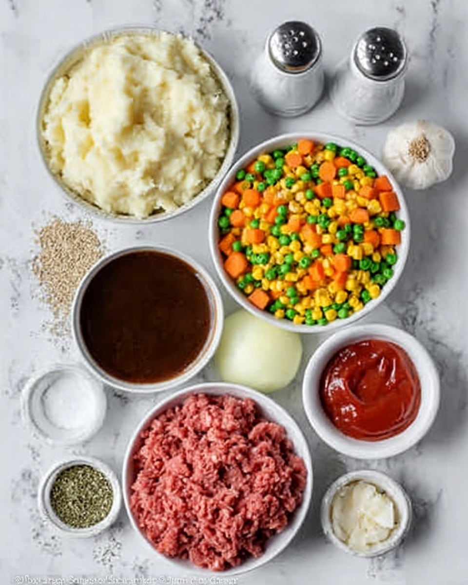 The image shows five white bowls on a white marbled surface. One bowl holds creamy mashed potatoes with a smooth texture, placed in the top left. To the right, another white bowl is full of mixed cooked vegetables in bright colors—orange carrots, green peas, and yellow corn. Below these, a white bowl contains raw ground beef, with a rich red color and a slightly coarse texture. Next to it on the left, a white bowl is filled with dark brown sauce, smooth and glossy. Around the bowls are smaller white containers with white salt, dried green herbs, red tomato sauce, chopped onion, and a whole bulb of garlic scattered nearby. A pair of salt and pepper shakers sit behind the bowls. Photo taken with an iphone --ar 4:5 --v 7