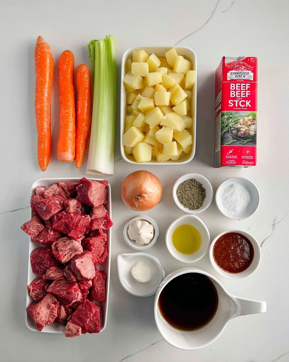 The image shows raw ingredients neatly arranged on a white marbled surface, ready for cooking. There are three large bright orange carrots and three stalks of fresh green celery placed vertically next to a whole yellow onion. Above them, a rectangular white container is filled with chopped yellow potatoes, and below it, another rectangular white container holds many pieces of raw red beef with some white fat parts. To the right, a tall red carton labeled