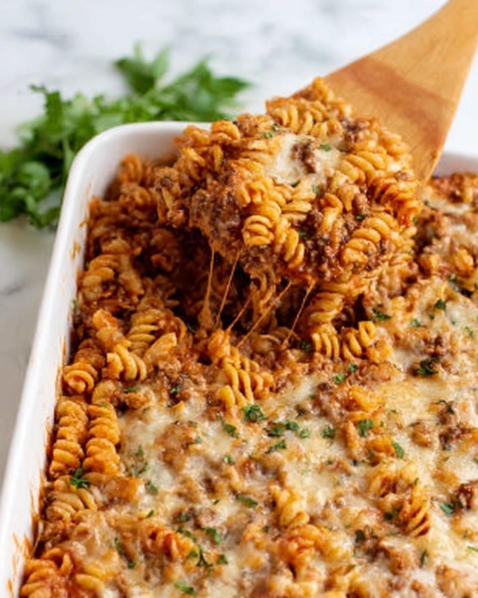 A close-up of a white dish filled with baked pasta layered with spiral noodles mixed with ground meat and sauce covering every piece. The top layer shows a browned, melted cheese layer with a crispy texture and some green herbs sprinkled on top. A wooden spatula is lifting a portion of the pasta, showing melted cheese pull and meat beneath. Fresh green herbs and a white marbled surface are visible in the background. Photo taken with an iphone --ar 4:5 --v 7