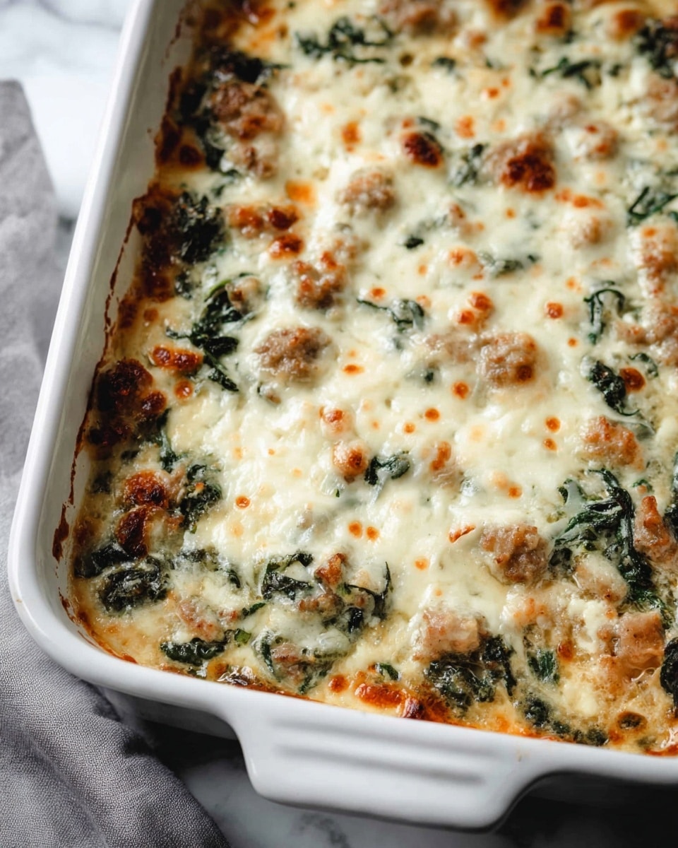 The dish is a close-up of a baked casserole in a white ceramic baking dish. The top layer is creamy melted cheese with small browned spots, giving it a bubbly texture. Below the cheese, there are pieces of light brown cooked meat scattered evenly, mixed with bits of dark green spinach leaves. The edges of the white dish show some sauce bubbling up. The background is a white marbled surface with a soft gray cloth partially visible near the dish photo taken with an iphone --ar 4:5 --v 7
