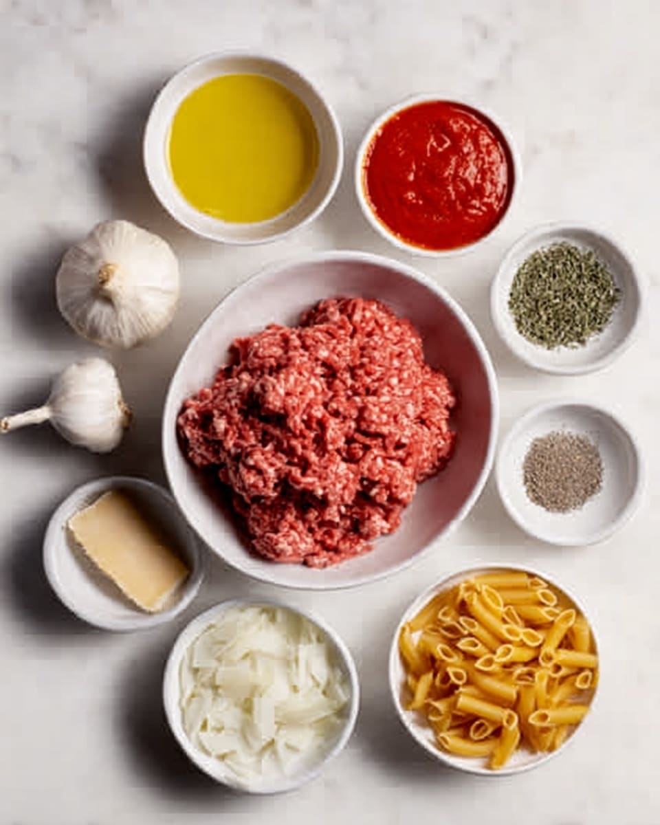 The image shows a white bowl with ground meat on a white marbled surface, surrounded by small white bowls containing ingredients. There is chopped onions, tomato sauce, pasta, garlic bulb, olive oil, grated cheese, herbs, and spices, all neatly arranged around the main bowl. The colors include the red of the meat and sauce, the light yellow of olive oil and cheese, and the bright white of bowls and onions, creating a clean and simple cooking setup. Photo taken with an iphone --ar 4:5 --v 7