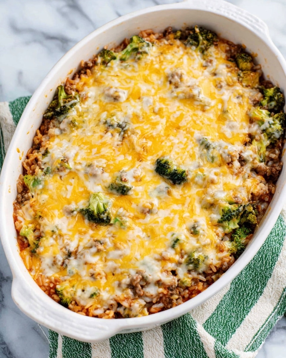 The image shows a white oval baking dish filled with a casserole. The casserole has several layers: the bottom layer looks like a mix of rice and small pieces of broccoli, followed by a layer with cooked ground meat or beans, and topped with a melted light orange and white cheese layer that covers the entire dish. Some green broccoli florets poke through the cheese on top. The baking dish sits on a white marbled surface with a green and white striped cloth underneath. Photo taken with an iphone --ar 4:5 --v 7