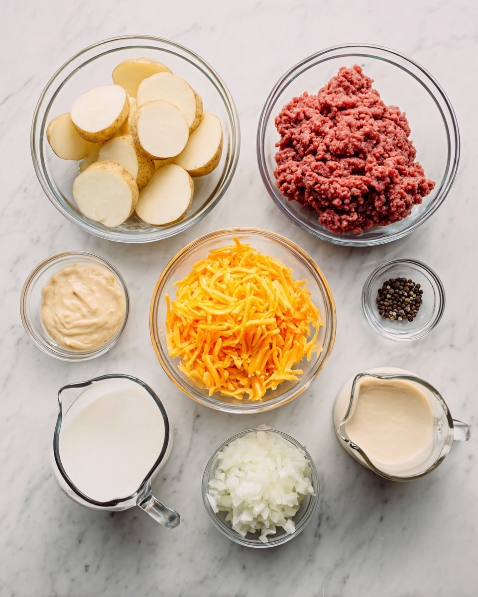 The image shows seven clear glass bowls placed on a white marbled surface. In the top left bowl are thinly sliced round white potato pieces. Below it is a bowl filled with bright orange shredded cheddar cheese. Above the cheese bowl is a bowl of raw, red ground beef with a coarse texture. To the right of the beef bowl is a small bowl with a light beige creamy sauce. Next to it is a small glass pitcher filled with white milk. Below the milk is a small bowl filled with finely chopped white onion. Above the onion is a small glass with black peppercorns. The arrangement is neat and all the bowls are transparent showing off the colors and textures clearly. Photo taken with an iphone --ar 4:5 --v 7