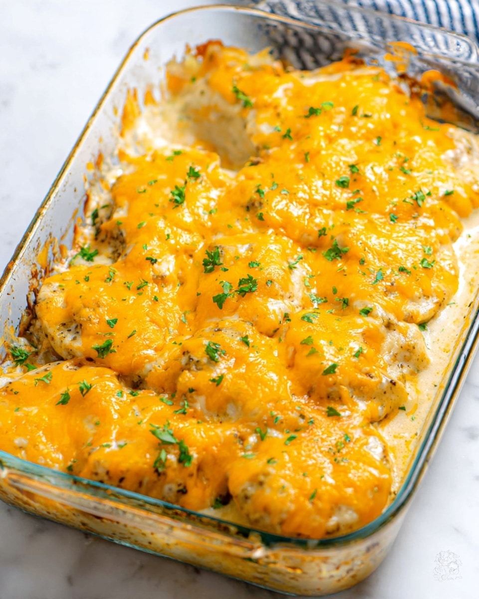 The dish shows a glass baking dish filled with several layers: the bottom layer consists of light, soft pieces of chicken covered in a smooth cream sauce, topped with many melted cheddar cheese slices that are bright orange with slight browning on the edges. Small bits of fresh green parsley are sprinkled across the cheese, adding a touch of color. The top looks bubbly and cheesy, with some parts slightly crisp, resting on a white marbled surface. Photo taken with an iphone --ar 4:5 --v 7