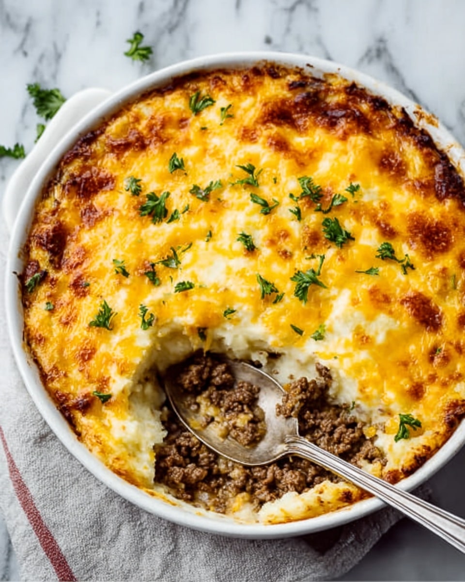 A white round casserole dish filled with a layered baked dish featuring the bottom layer of cooked ground meat in brown tones, topped with a layer of mashed potatoes in creamy off-white, and finished with melted golden cheese covering the entire surface, sprinkled with small green parsley leaves. A metal spoon is scooping a serving from inside the dish, resting slightly on the edge, all placed on a white marbled surface photo taken with an iphone --ar 4:5 --v 7