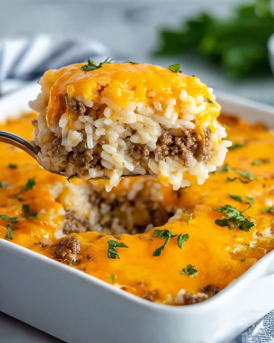 The image shows a white square dish filled with a baked casserole that has three visible layers. The bottom layer is soft rice with a light cream color and slightly fluffy texture. The middle layer is made of browned ground meat, scattered evenly throughout the rice. The top layer is melted bright orange cheese, glistening and covering the entire surface with a smooth, gooey appearance. Small pieces of fresh green herbs are sprinkled on top for decoration. A silver spoon is lifting a scoop of the casserole, showing all layers clearly. The dish is placed on a white marbled surface with a blurred background. Photo taken with an iphone --ar 4:5 --v 7