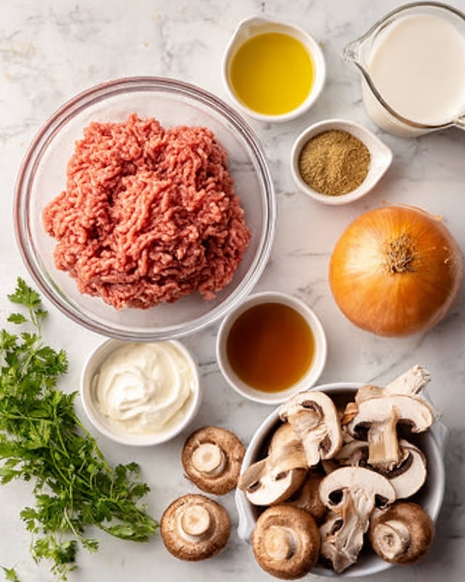The image shows a clear glass bowl filled with raw ground meat placed on a white marbled surface. Around the bowl are small white bowls containing different ingredients: sour cream with smooth, white texture; golden olive oil; a light brown powder seasoning; and dark brown broth in a small cup. There is a whole, round orange onion and a bunch of fresh green herbs on the side. A separate white bowl is filled with whole brown mushrooms and some mushroom slices, showing light beige on the cut parts and dark brown skin. A white cup containing a white liquid, likely milk, completes the scene. The colors are natural and fresh, with the white marbled background making them stand out clearly. Photo taken with an iphone --ar 4:5 --v 7