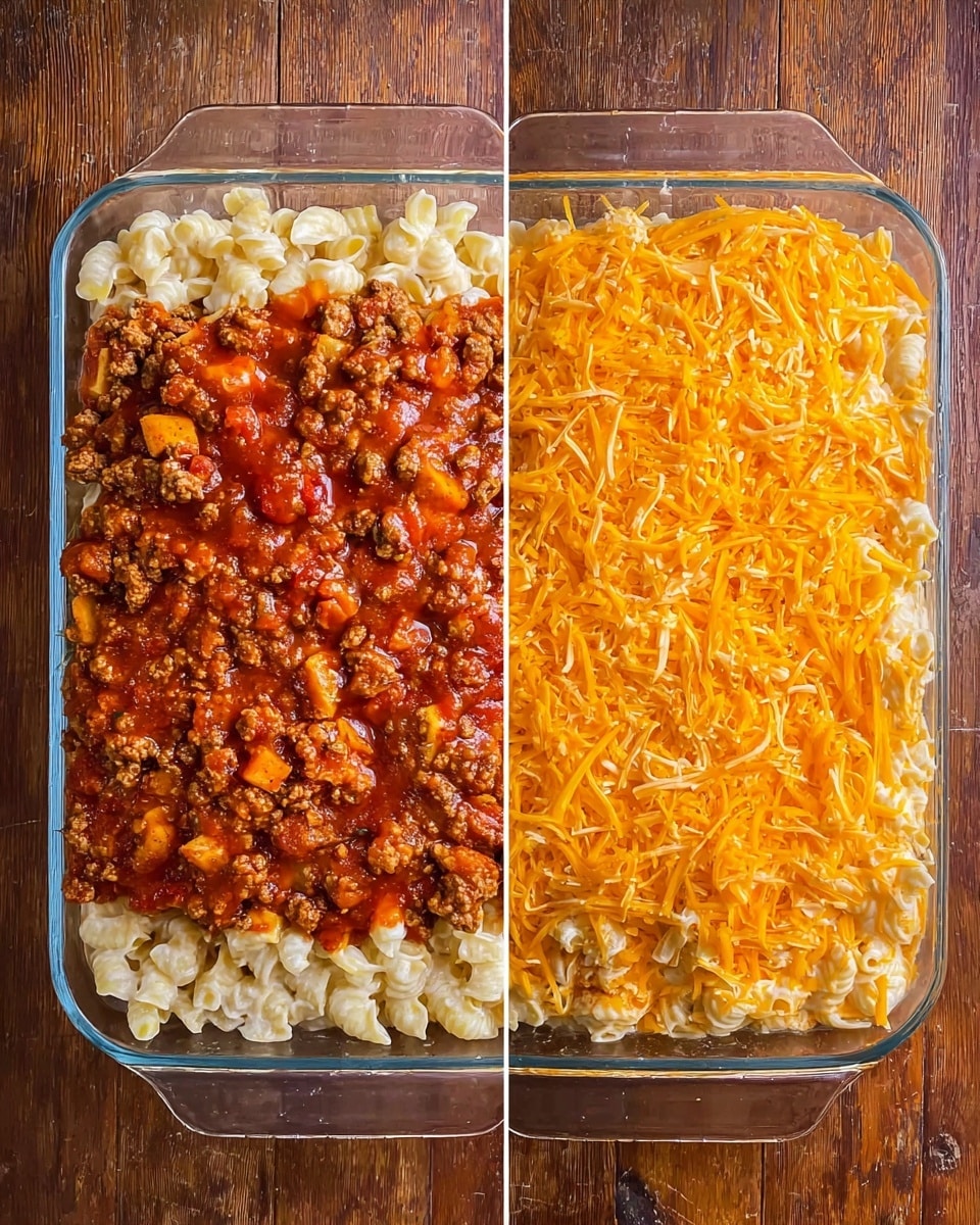 The image shows a rectangular glass dish with two stages of layering a pasta bake. In the first stage, the bottom layer is made of chunky white pasta, topped evenly with a thick, rich red sauce containing ground meat and diced vegetables giving it a textured appearance. In the second stage on the right side, the same pasta and sauce layers are visible but now a layer of bright orange shredded cheese is spread all over the top, partially covering the sauce beneath. The dish sits on a wooden surface. photo taken with an iphone --ar 4:5 --v 7