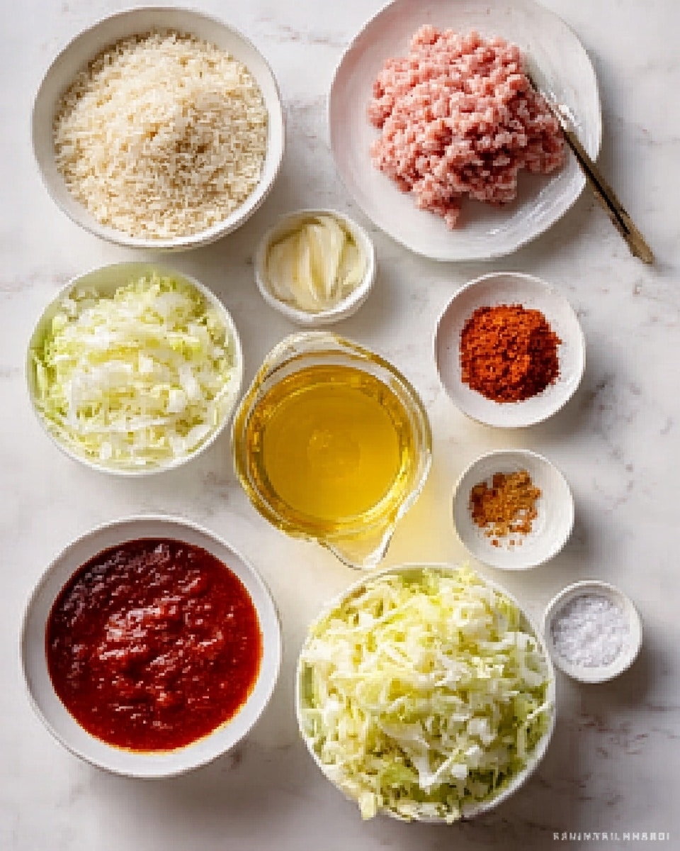 A top view of a white marbled surface with several small white bowls and a white plate arranged in a neat layout. One white bowl holds uncooked rice with a rough texture, and beside it, a white plate contains raw minced meat with a light pink color and soft texture. A small clear glass pitcher filled with golden-yellow broth sits beside two small white bowls, one with a thick red sauce and the other with a chunky red paste. There is a small white bowl with finely chopped garlic, another with shredded cabbage in light green and white shades, and a bowl with finely chopped onions in white color. Additional small white bowls with light brown, reddish-brown seasoning powders, and a small white bowl with salt complete the setup. Photo taken with an iphone --ar 4:5 --v 7