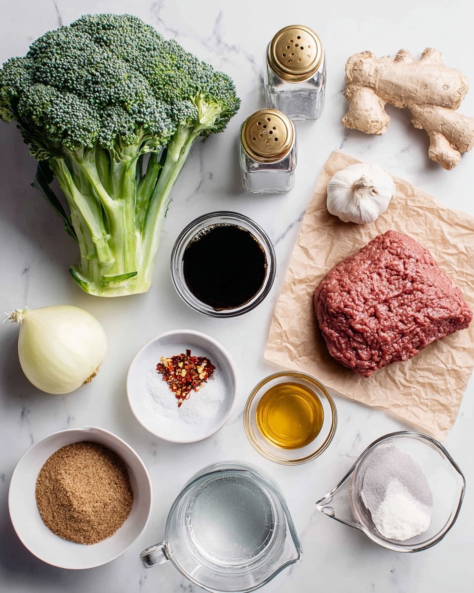The image shows a white marbled surface with ingredients neatly placed for a recipe. On the left is a fresh green broccoli stalk with visible florets. To the right, there is a piece of raw ground beef sitting on brown parchment paper, near a whole garlic bulb and a light brown ginger root. Above the beef are two glass jars with golden caps, one containing salt and the other black pepper. Nearby, a clear glass measuring cup holds a dark liquid, likely soy sauce. Below these, there is a small white plate with red chili flakes, another white plate with a golden liquid, possibly honey, and two clear glass bowls; one with brown sugar and the other with white powder that might be a starch. A whole yellow onion sits in the lower left corner next to the bowls, and a glass measuring cup with water is positioned next to the onion. The arrangement is clean and organized, with each item clearly visible. Photo taken with an iphone --ar 4:5 --v 7