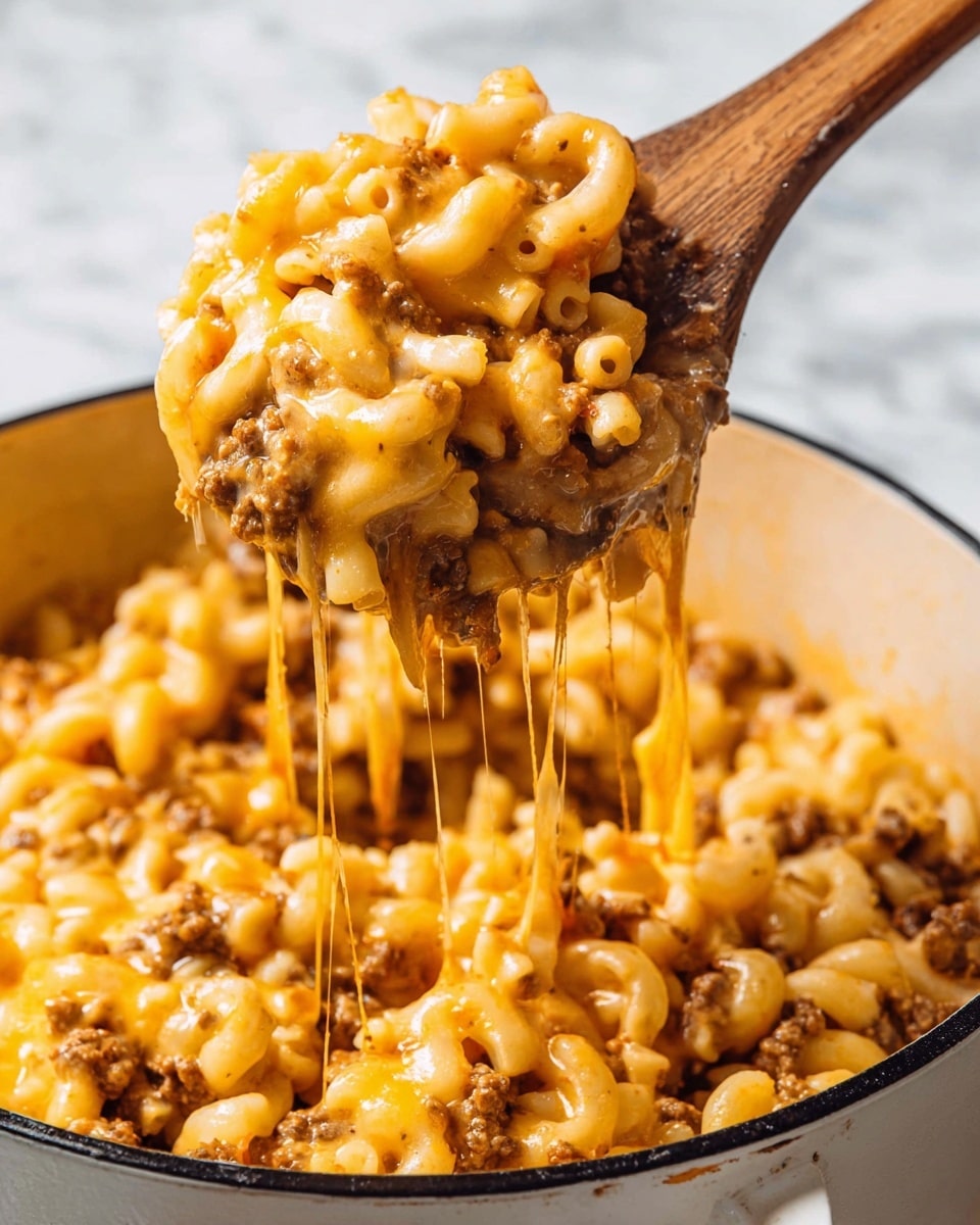 The image shows nine ingredients arranged neatly on a white marbled surface. There is a pile of diced onion at the top left, next to a small heap of yellow pasta at the top right. Below the onion, small cubes of pale yellow Velveeta cheese are placed. To the right of the cheese are two small dollops of red sauce side by side: tomato sauce and tomato paste. Below these sauces is a small portion of light brown ground beef. To the right of the beef is a small bowl containing a mixture of garlic and onion powder with a spoon inside. Below the diced onion and Velveeta is a small black spoon containing Worcestershire sauce. At the bottom left is a small container with a golden-brown beef broth. photo taken with an iphone --ar 4:5 --v 7