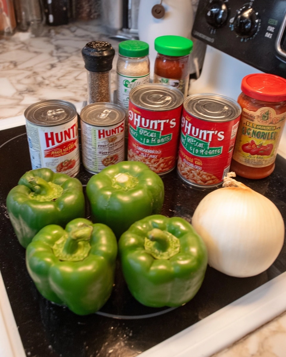 The image shows four green bell peppers lined up on a white marble surface. Behind the peppers, there are three cans of Hunt’s diced tomatoes and tomato sauce, one can of Ro-Tel diced tomatoes with green chilies, and a loaf of brown bread in clear plastic packaging. To the left, there is a spice rack with jars, and in front of the peppers, there are three small spice containers with red and beige lids. A white onion and two dark green jalapeño peppers are placed near the right side of the peppers. Photo taken with an iphone --ar 4:5 --v 7