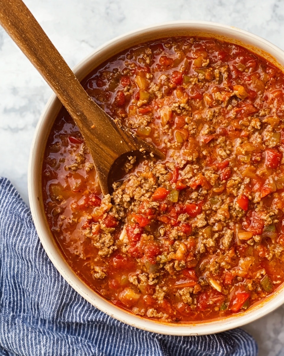 The image shows a large white bowl filled with a thick, chunky mixture of cooked ground meat and visible diced red peppers in a rich, reddish-brown sauce. A wooden spoon is resting inside the bowl, partially covered by the food. The bowl is placed on a white marbled surface with a blue and white striped cloth nearby. The dish has a textured, hearty appearance with layers of finely chopped ingredients blending together. Photo taken with an iphone --ar 4:5 --v 7
