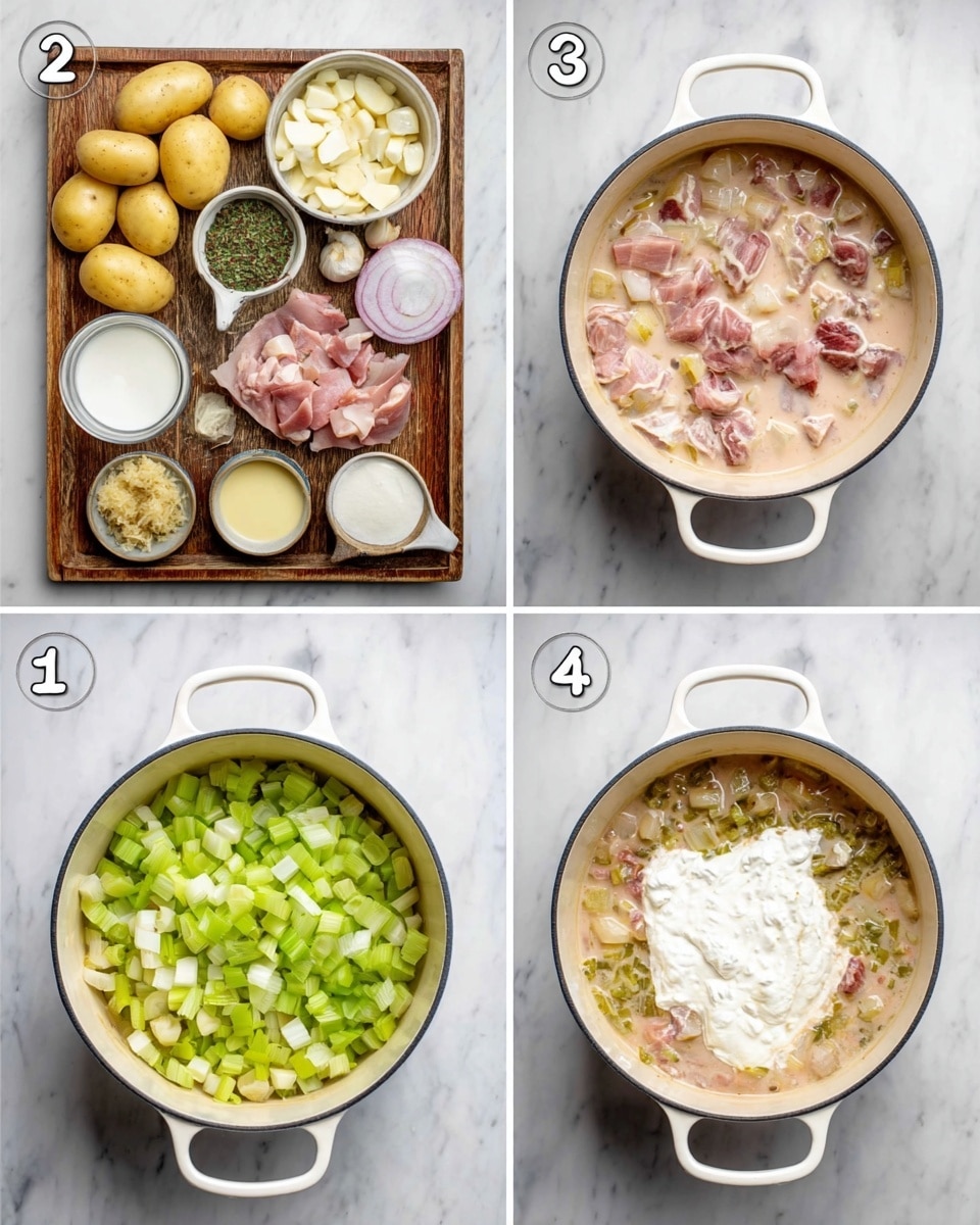 The image shows a large white pot on a white marbled surface. Inside the pot, there are several layers: the bottom layer is soft cooked pink diced meat, followed by a thick light cream sauce covering the meat. On top, there is a layer of chopped green vegetables, giving a fresh, slightly chunky texture. The final top layer shows dollops of white cream spread unevenly, with some green herbs sprinkled across. A woman's hand is seen adding the last ingredients. photo taken with an iphone --ar 4:5 --v 7