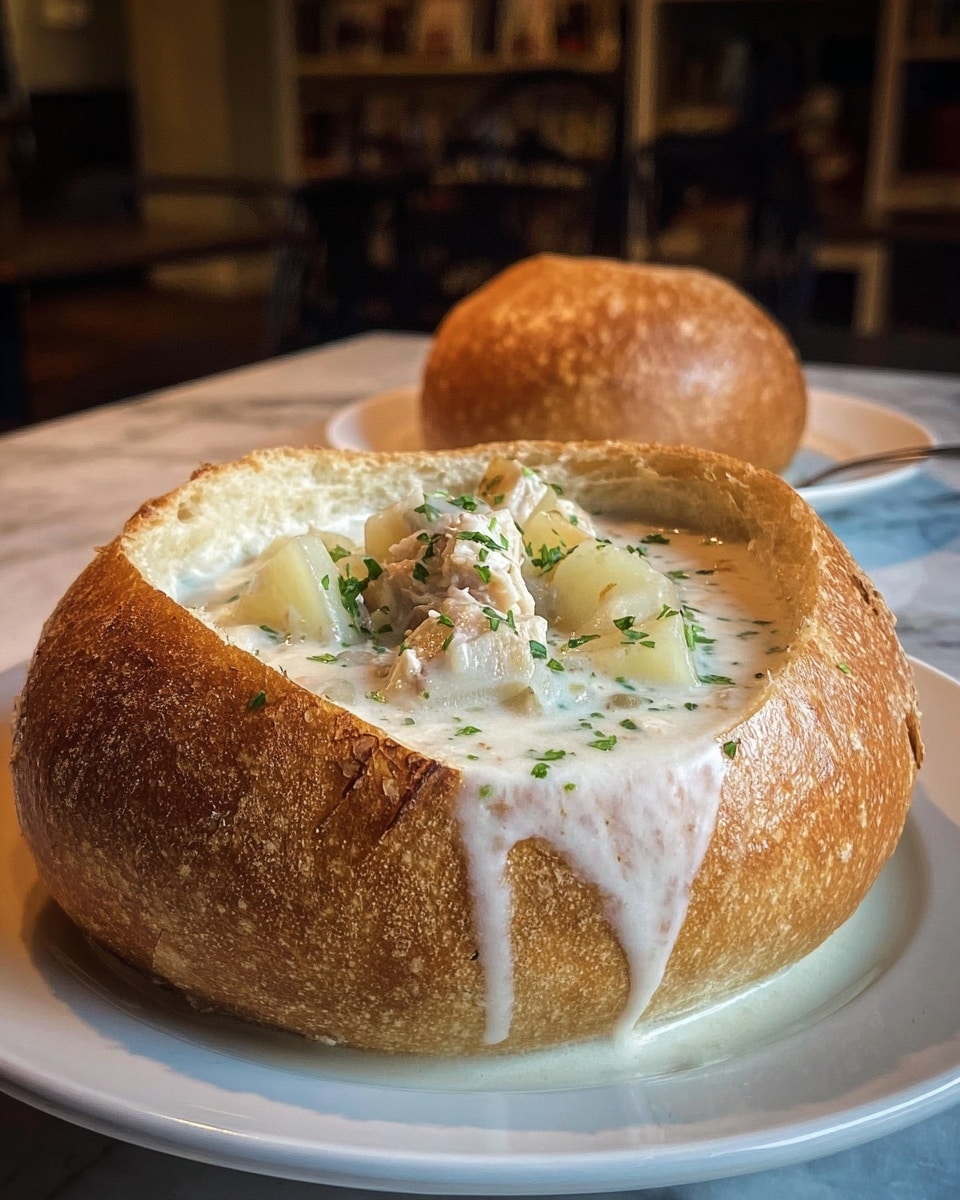 The dish shows a round bread bowl with the top cut off and placed behind it, filled with creamy white soup containing small chunks of meat and potatoes, topped with green herb flakes. The bread bowl has a golden-brown crust with a slightly rough texture and some soup dripping down the side. The bowl is placed on a white plate with a floral pattern. The whole setup is on a white marbled surface in warm indoor light. Photo taken with an iphone --ar 4:5 --v 7