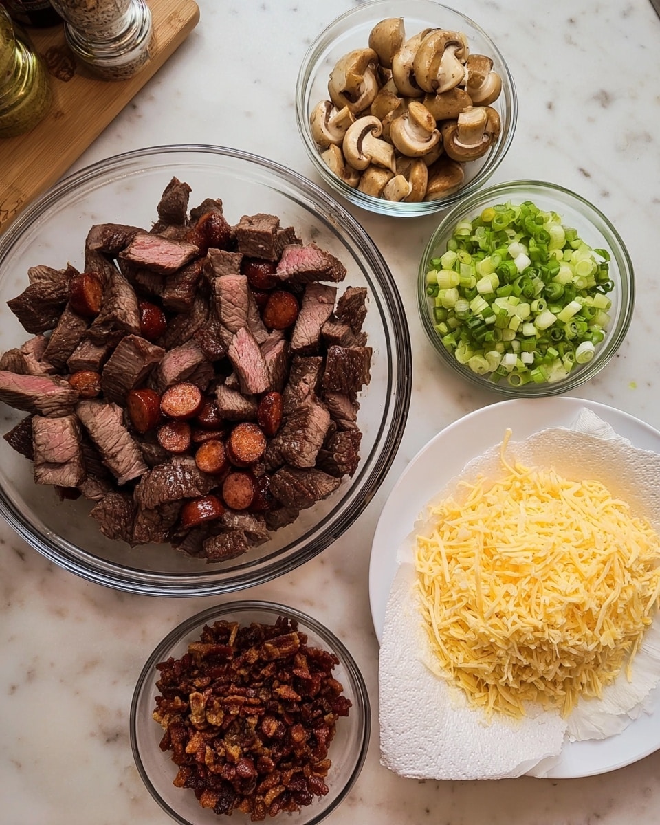 A clear glass bowl filled with several layers of cooked meat slices and chunks, showing a mix of pinkish-red interiors and charred dark brown edges, situated in the bottom left; above it, two small clear glass bowls contain thinly sliced green onions and browned fried mushrooms with a textured surface, respectively, both with shiny and fresh appearances. To the right, a white plate is heaped with finely shredded pale yellow cheese that covers most of the plate, and below this plate, there is another clear glass bowl containing small, crispy-looking pieces of dark brown bacon lined with a white paper towel inside. The setting sits on a white marbled surface with various kitchen items partially visible in the background. Photo taken with an iphone --ar 4:5 --v 7