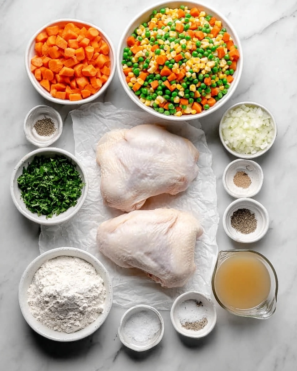 The image shows two large raw pieces of chicken placed on white parchment paper on a white marbled surface. Around the chicken are bowls and small containers with different ingredients: a large white bowl filled with diced mixed vegetables in orange, green, and yellow colors; another large white bowl full of chopped white onions; a medium white bowl with white flour; a small white bowl with salt; a small transparent container with a light yellow liquid; and a small white bowl with a dark green leafy herb. There is also a small brown container with a beige liquid sauce, all arranged neatly and evenly spaced. The photo taken with an iphone --ar 4:5 --v 7