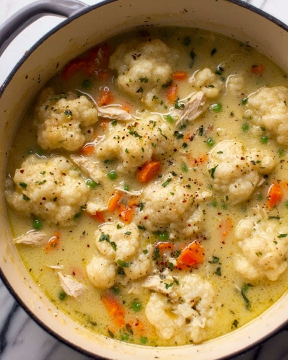 A white bowl filled with a creamy soup containing several large cauliflower florets spread throughout. The broth is light, slightly yellowish, and dotted with small orange carrot pieces, chopped green herbs, and bits of white meat mixed evenly. The cauliflower has a soft texture with visible seasoning. The soup looks warm and comforting with a simple, wholesome appearance. The bowl is placed on a white marbled surface. photo taken with an iphone --ar 4:5 --v 7