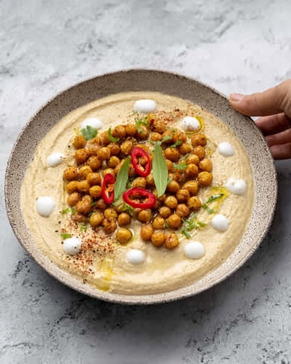The dish shows a bowl of smooth beige hummus spread evenly as the base layer, topped with a layer of round, golden brown roasted chickpeas scattered mostly on one side. There is a swirl of white creamy sauce drizzled in dots and lines across the hummus, with a few small bright green herb leaves sprinkled lightly. A single red chili slice sits near the center for contrast. The bowl is white and rests on a white marbled surface. A woman's hand holds one of the bowls gently from the side. Photo taken with an iphone --ar 4:5 --v 7