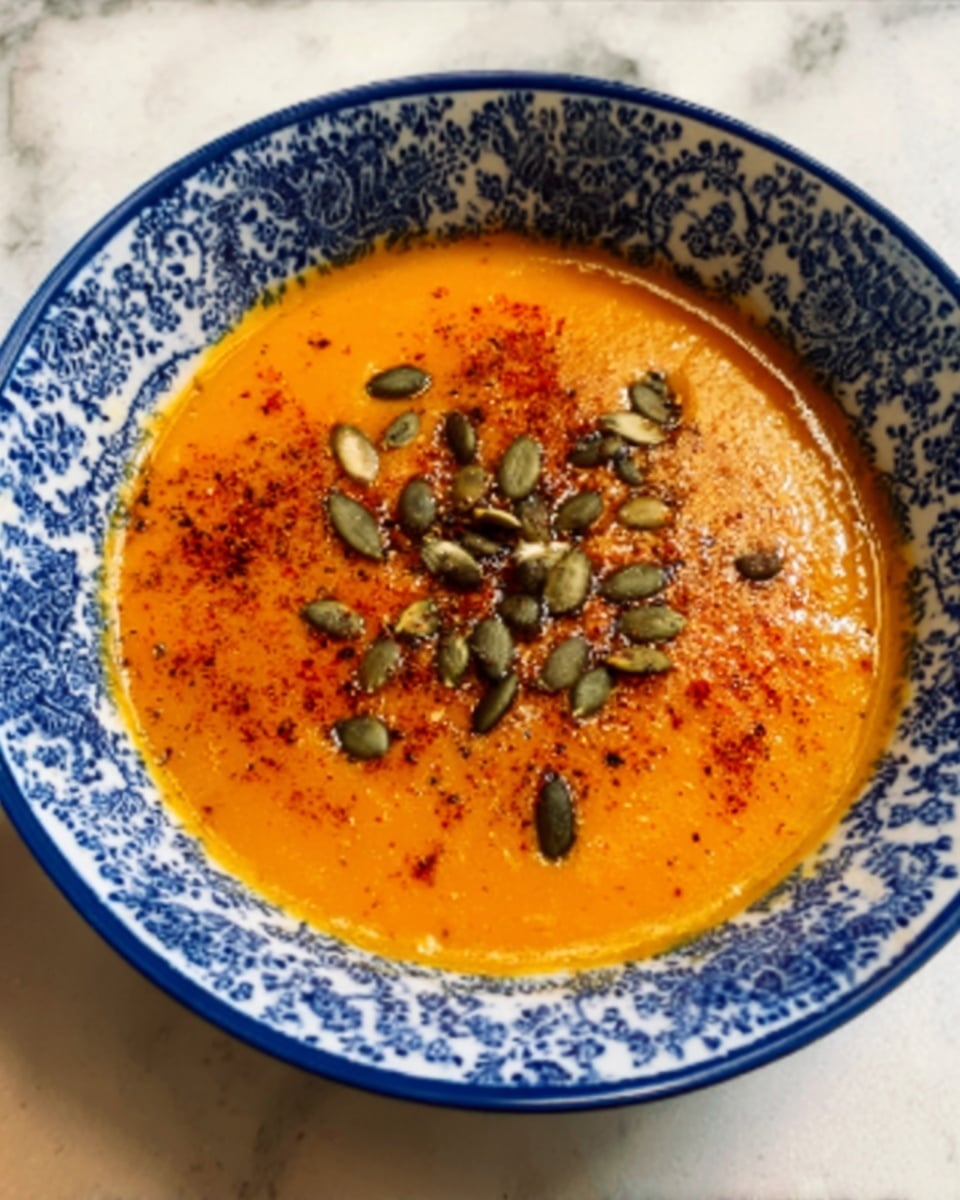 A white bowl with blue floral patterns on the edges holds a thick orange soup with a smooth texture. The soup is topped with a small pile of green pumpkin seeds in the center, sprinkled with a reddish spice powder, and drizzled with a thin layer of oil around the seeds. The bowl sits on a white marbled surface. Photo taken with an iphone --ar 4:5 --v 7