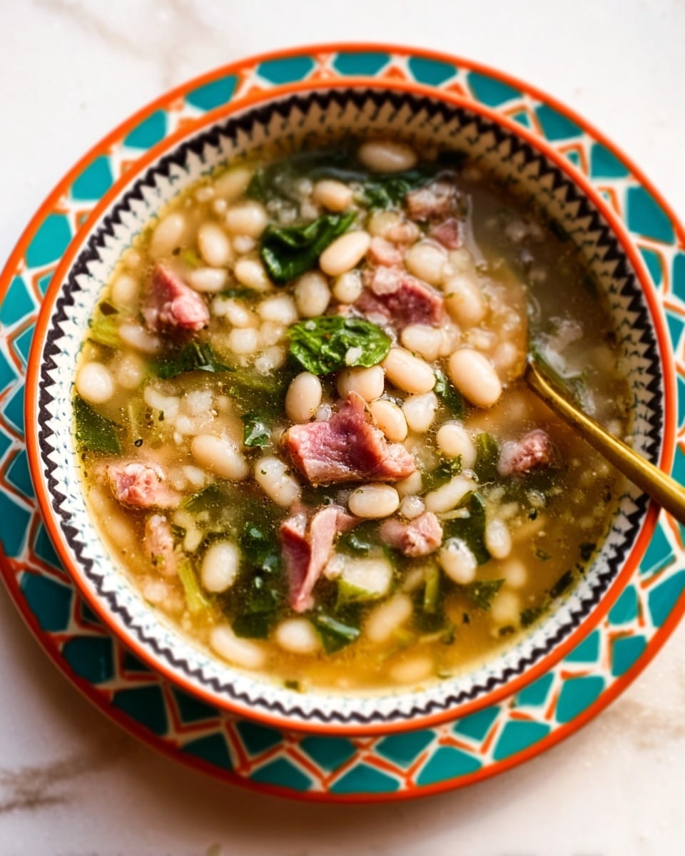 A white bowl filled with a soup containing small white grains, pink pieces of meat, and green vegetable bits, all in a light broth. The bowl has a colorful zigzag pattern around the rim with red, turquoise, and black colors. It sits on a bright red cloth on a white marbled surface. To the left of the bowl is a gold spoon. Photo taken with an iphone --ar 4:5 --v 7