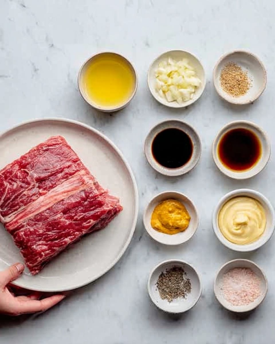 A thick, square piece of raw red meat with visible muscle texture lies on a white plate on the left side of a white marbled surface. To the right of the plate, there are several small white bowls arranged in neat rows and columns, each containing different ingredients: a light yellow liquid in the top left bowl, a dark brown liquid in the next bowl to the right, finely chopped garlic in a small bowl below the dark liquid, a bright orange mustard-like paste in a bowl below that, a small bowl with a pale yellow creamy sauce, a bowl with a light tan powder or salt, a bowl with crushed black pepper, and two tiny white bowls with other seasonings. A woman's hand is gently touching the white plate on the left side. photo taken with an iphone --ar 4:5 --v 7