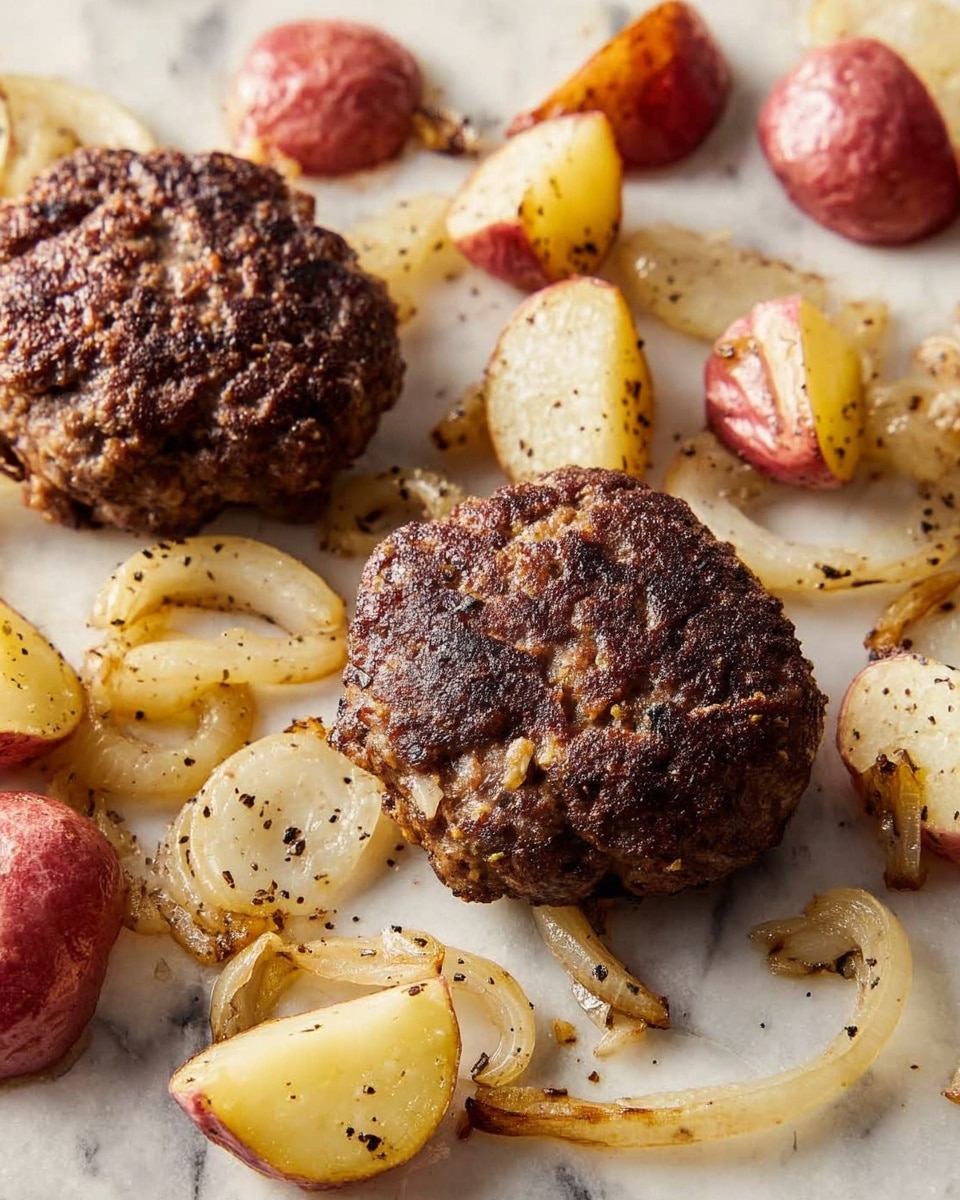 Two dark brown, textured meat patties sit in the center on a white marbled surface. Surrounding them are light caramelized onion slices and small pieces of red-skinned potatoes with specks of black seasoning. The onions are soft and slightly golden, while the potatoes show a mix of red skin and creamy white inside. The scene is bright and close-up, focusing on the rough texture of the meat patties and the roasted feel of the vegetables. Photo taken with an iphone --ar 4:5 --v 7