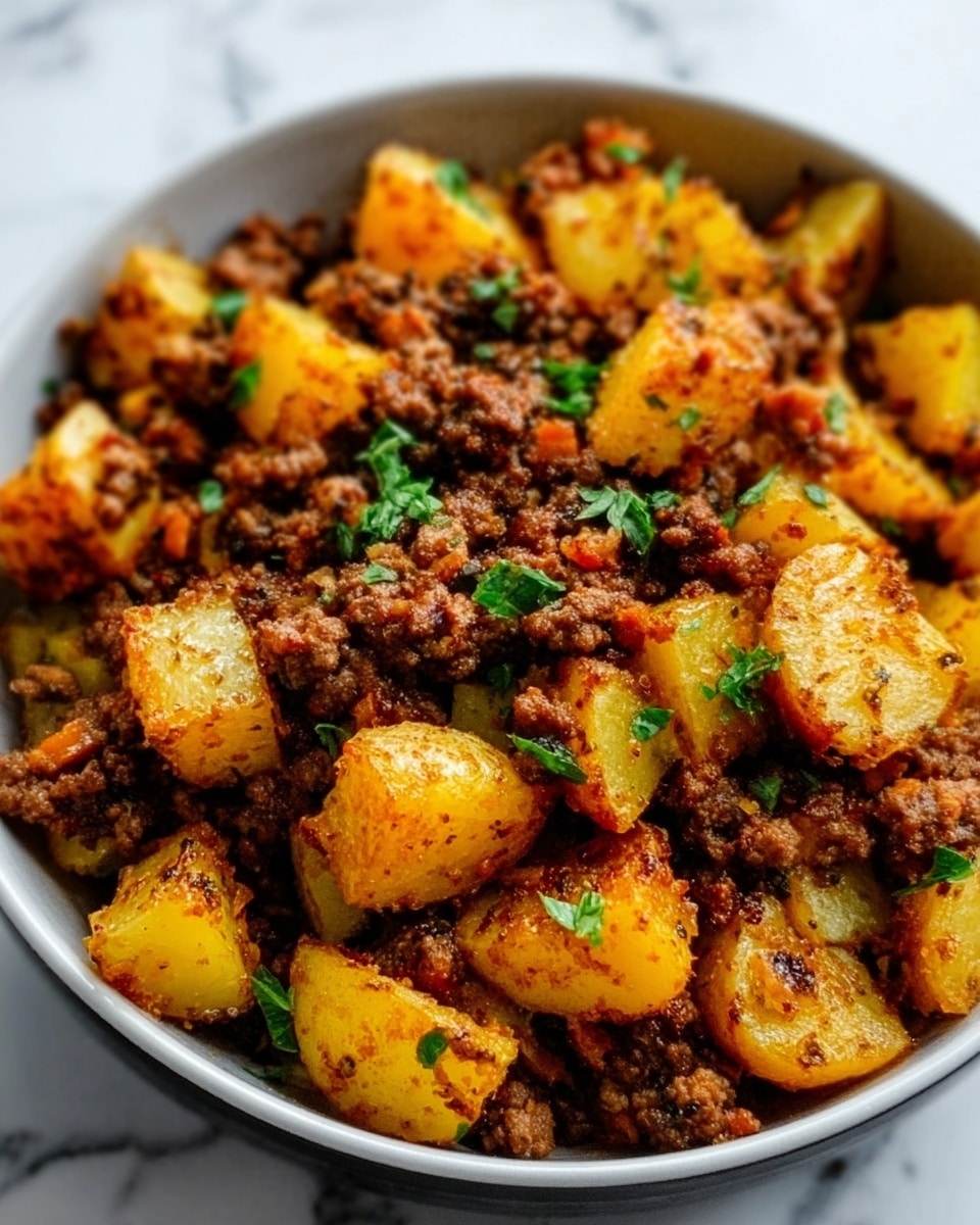 A white bowl filled with a warm mix of browned ground meat and roasted potato chunks. The potatoes are golden yellow with a slightly crispy texture, mixed well with the dark brown meat. Small green herb pieces are sprinkled on top, adding a fresh touch and some color contrast. The bowl sits on a white marbled surface, and the colors are earthy and appetizing. Photo taken with an iphone --ar 4:5 --v 7