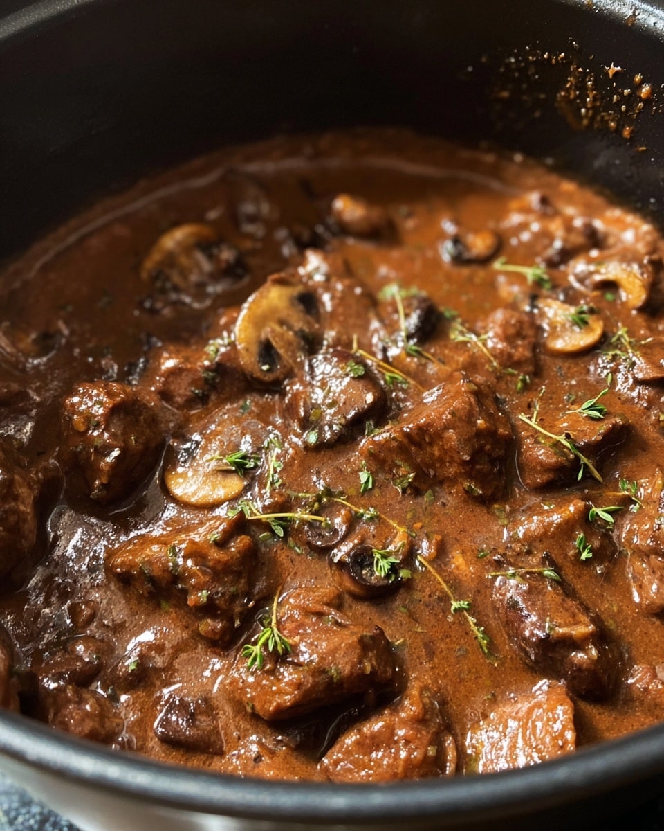 This image shows a black pot filled with thick brown stew containing chunks of tender meat and sliced mushrooms. The sauce looks smooth and glossy, covering the ingredients well. Small green herbs are sprinkled on top, adding a touch of color contrast to the rich brown stew. The pot has a slightly shiny surface, and the stew fills it almost to the top, showing a hearty, cooked meal. The photo has a close-up view, focusing on the texture of the stew and its ingredients. Photo taken with an iphone --ar 4:5 --v 7