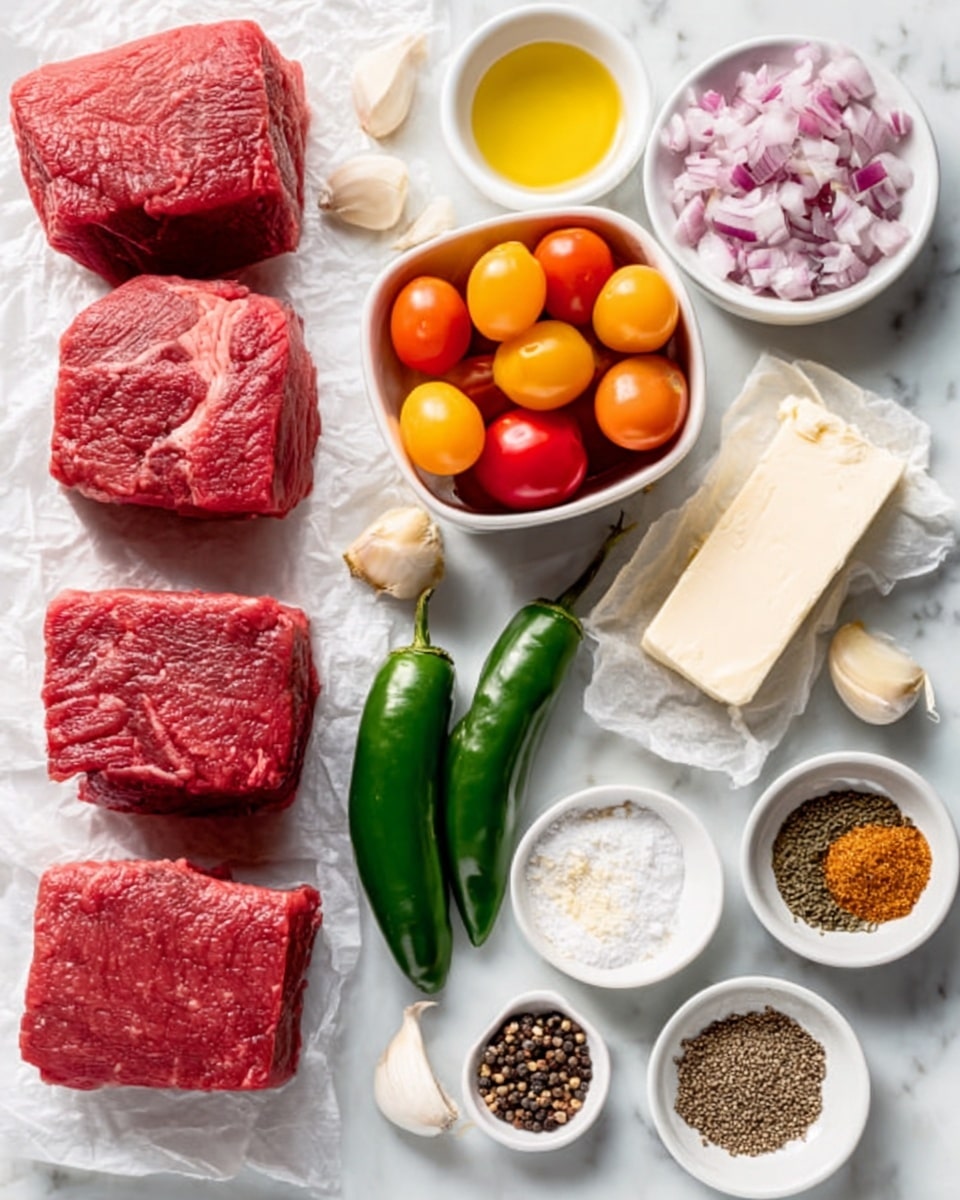 The image shows a top-down view of various raw cooking ingredients arranged neatly on a white marbled surface. There are four thick pieces of raw red meat placed on a white surface on the lower left. Nearby, a small white container holds colorful cherry tomatoes with shades of deep red, orange, and yellow. Two green jalapeño peppers lie beside a block of butter wrapped in paper. Around these main items, there are small white bowls holding finely chopped red onions, fresh minced garlic, and granulated white salt. Additional small piles of different spices and seeds, including coarsely ground black pepper, mustard seeds, and brown spices, are scattered in small amounts. There are also small white dishes with oil and seasonings, along with three peeled garlic cloves placed centrally. The overall color palette is vibrant and fresh with reds, greens, whites, and earth tones. photo taken with an iphone --ar 4:5 --v 7