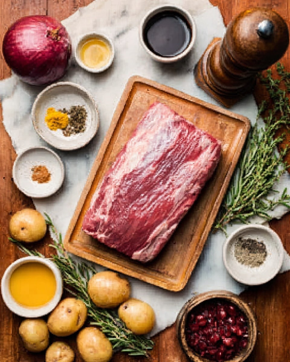 A large raw piece of meat with visible marbling and fat sits in the center of a rectangular wooden cutting board. Surrounding it are small white bowls containing dark sauce, coarse salt, yellow liquid, dried spices, and chopped red ingredients. A sprig of fresh rosemary lies beside the meat. On the white marbled surface below are two onions, a garlic bulb, fresh herbs, and a bowl of small round potatoes. A tall pepper grinder stands near the top right. The scene is warm and rustic. Photo taken with an iphone --ar 4:5 --v 7