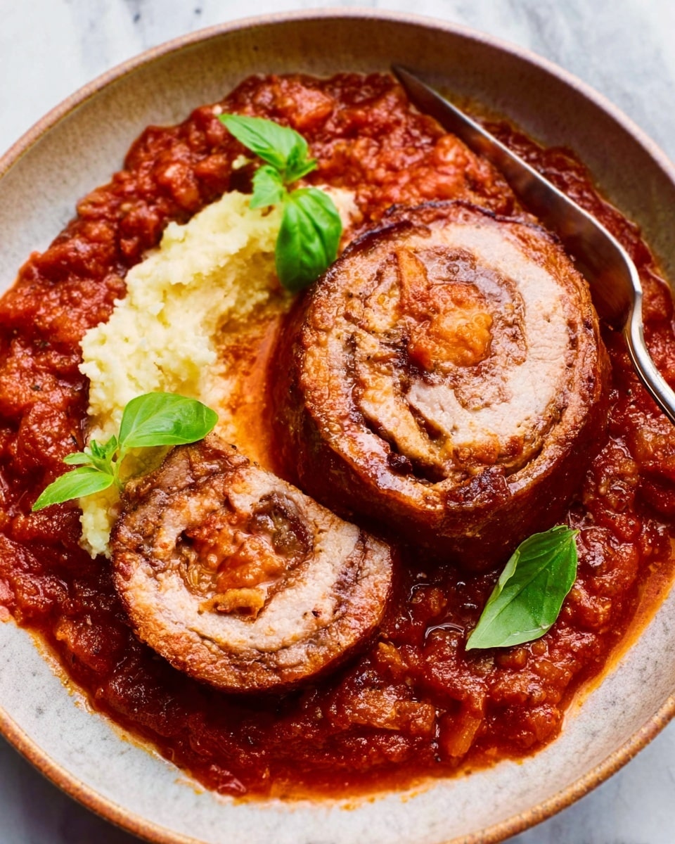 The image shows a white bowl filled with thick red tomato sauce with chunks of it visible. Inside the sauce, there are two circular pieces of rolled cooked meat with a brown crispy outside and an orange filling in the center, one whole and one partially sliced by a knife held by a woman’s hand. On the side of the bowl, a small white pile of mashed light yellow potatoes appears soft and smooth. A few bright green basil leaves sit fresh on top of the sauce near the meat. The bowl is placed on a white marbled surface. Photo taken with an iphone --ar 4:5 --v 7
