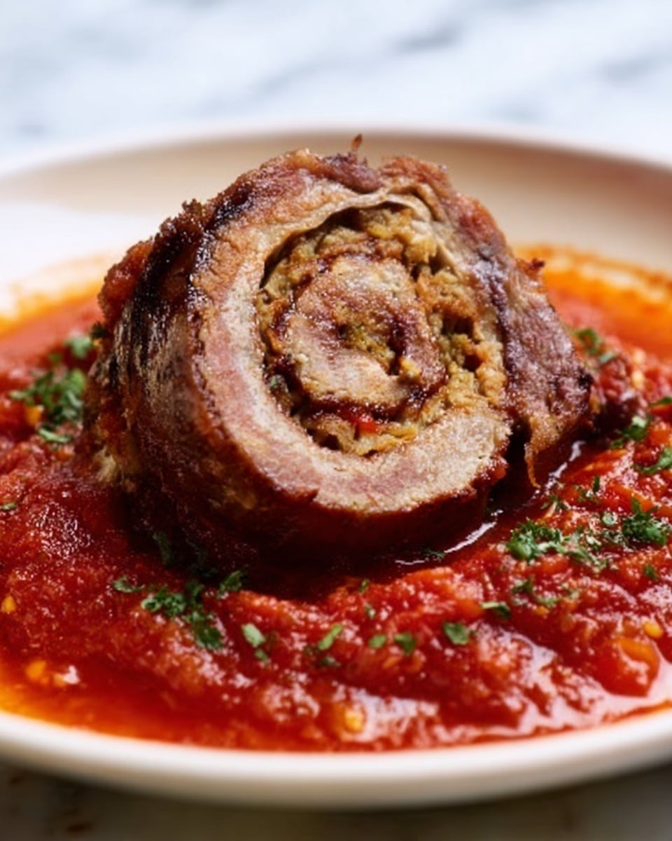 A rolled slice of meat with a visible spiral made of a lighter stuffing inside sits in the center of a shallow white bowl filled with bright red tomato sauce. The meat outside is dark brown and grilled, while the inside stuffing is light beige. The sauce looks chunky with bits of tomato and herbs, surrounding the meat. The bowl is placed on a white marbled surface. photo taken with an iphone --ar 4:5 --v 7
