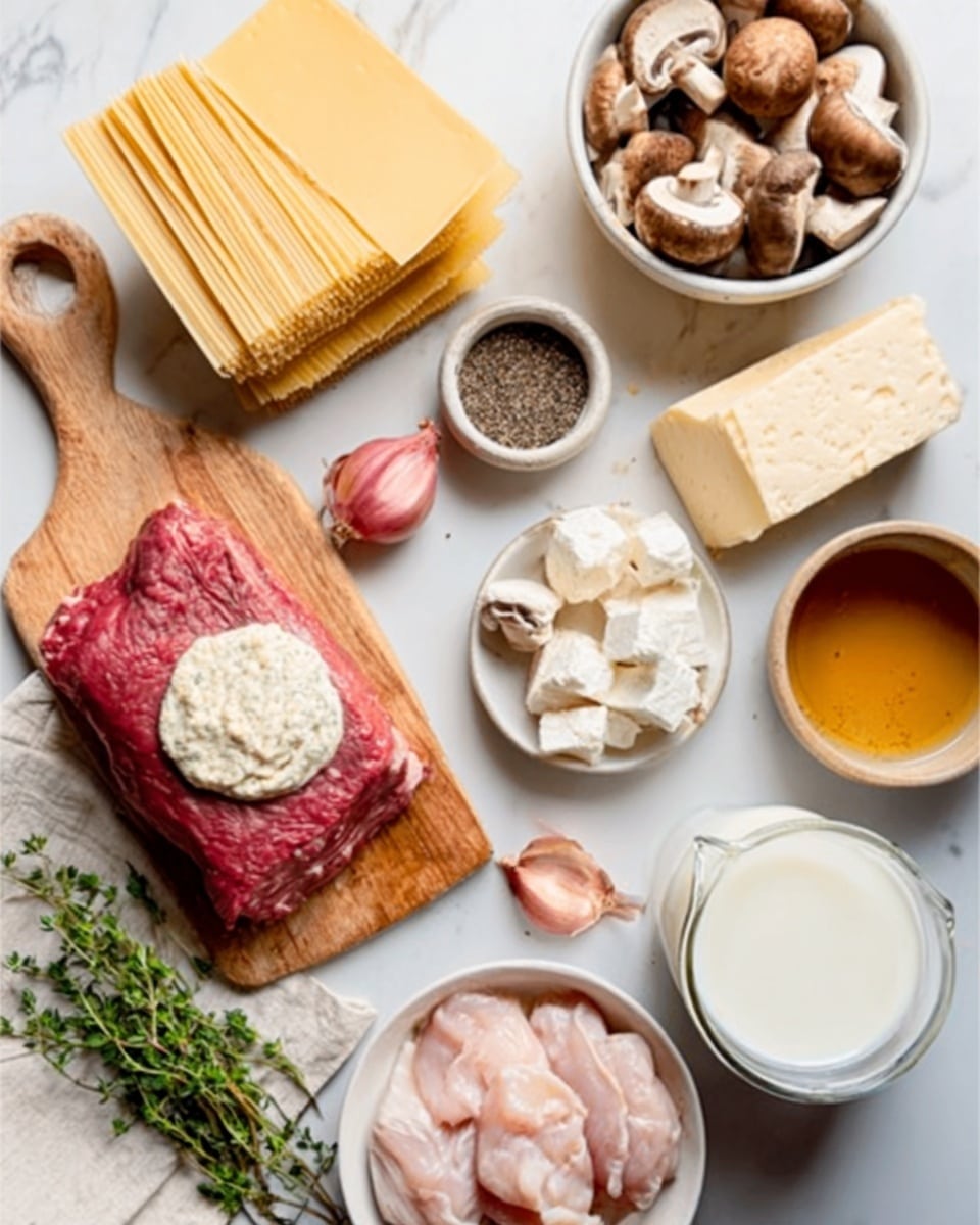 A white marbled surface holds various cooking ingredients neatly arranged: a wooden board with a raw red piece of meat placed on it, topped with a dollop of creamy sauce and a small pink shallot nearby. Next to the board, there are stacks of pale yellow pasta sheets. A white bowl filled with a mix of brown mushrooms sits on the top right. Nearby, chunks of white cheese and a small amber-colored bowl with a thick liquid can be seen. In the center, there's a white bowl filled with ground black pepper. Fresh green herb sprigs lie near the wooden board. At the bottom right, there is a white dish with pale pink chicken pieces. A white bowl filled with milk is also visible on the right side. Photo taken with an iphone --ar 4:5 --v 7