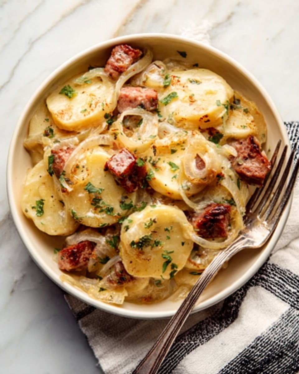 The dish shows a white bowl filled with cooked potato slices in creamy sauce, layered with small pieces of browned sausage and translucent sautéed onion slices. The potato slices are soft and coated with the sauce, garnished with chopped green herbs on top. A metal fork is placed on the bowl's right edge, and the bowl is sitting on a white marbled surface with a white and black cloth napkin partially visible nearby. Photo taken with an iphone --ar 4:5 --v 7