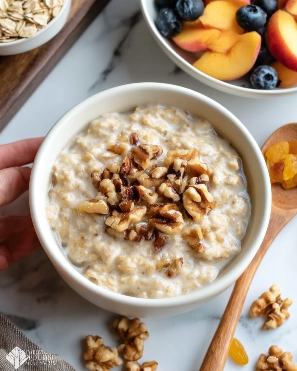 A white bowl filled with creamy oatmeal topped with chopped walnuts, sitting on a white marbled surface. The oatmeal looks soft and thick, with a slightly glossy texture from milk or cream mixed in. The walnuts on top add a rough texture with their uneven small pieces and light brown color. To the back right, there is a white bowl containing fresh fruit like blueberries and peach slices. Around the bowls are scattered more walnuts and golden raisins. A wooden spoon is placed next to the oatmeal bowl and a woman's hand reaches towards the fruit bowl. photo taken with an iphone --ar 4:5 --v 7