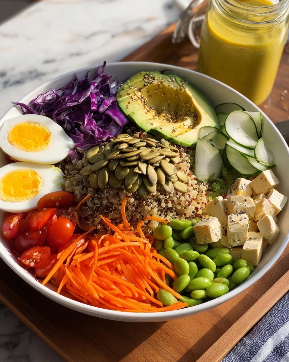 A white bowl filled with a colorful salad sits on a wooden tray. The salad is layered with soft quinoa grains at the base. Around the bowl edges are halved boiled eggs with bright yellow yolks, bright orange shredded carrots, bright green edamame beans, and red cherry tomato halves. There is shredded purple cabbage, diced light beige tofu cubes, and green cucumber slices. The top middle has a mound of roasted pumpkin seeds, thinly sliced white onions, and thin slices of green avocado sprinkled with a light seasoning. The background is a white marbled surface, and a glass jar with yellow dressing sits behind the bowl. Photo taken with an iphone --ar 4:5 --v 7