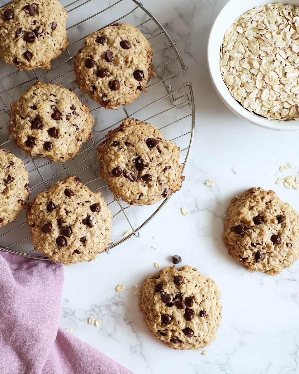 The image shows a group of chunky oatmeal cookies with chocolate chips, arranged partly on a silver cooling rack and partly directly on a white marbled surface. The cookies have a rough texture from the oatmeal, light beige color with scattered dark brown chocolate chips on top. On the upper right side, a white bowl filled with raw oats sits on the surface. A soft purple cloth is partially visible at the lower left corner. The overall scene has a clean, bright, and fresh feel. photo taken with an iphone --ar 4:5 --v 7
