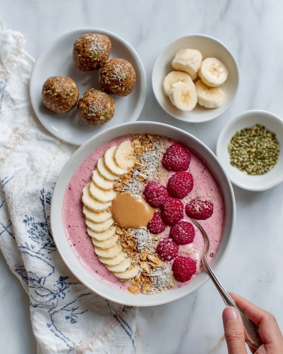 A white bowl filled with a pink smoothie base, topped with a layer of banana slices arranged in a row on one side, a cluster of red raspberries on another side, a dollop of light brown peanut butter, and a sprinkle of crunchy granola in the center; surrounding the main bowl are small white bowls holding extra banana slices, more raspberries, round brown energy balls, green hemp seeds, and a light brown sauce; all placed on a white marbled surface with a folded white cloth with a blue pattern nearby, and a woman's hand holding a spoon resting in the smoothie bowl, photo taken with an iphone --ar 4:5 --v 7