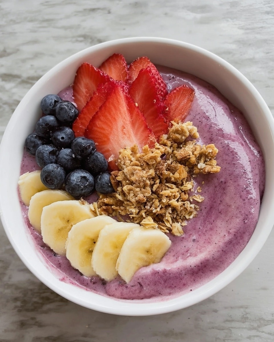 A white bowl filled with a thick, creamy purple smoothie base sits in the center. On top, there are four distinct layers arranged in sections: thinly sliced light yellow banana at the bottom, a small cluster of fresh dark blue blueberries on the left, bright red strawberry slices with visible seeds near the top right, and a pile of light brown granola with a rough texture just below the strawberries. The bowl rests on a white marbled surface. photo taken with an iphone --ar 4:5 --v 7