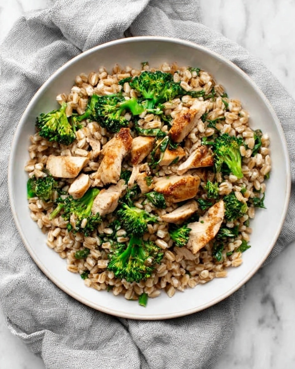 A white bowl filled with a mix of cooked farro grains, light brown and plump, topped with pieces of light golden brown cooked chicken slices and bright green steamed broccoli florets mixed throughout. The dish shows a mix of soft and slightly crunchy textures with the grains as the base layer, the chicken slices spread evenly on top, and the broccoli pieces scattered around. The bowl rests on a soft textured light gray cloth, sitting on a white marbled surface. Photo taken with an iphone --ar 4:5 --v 7